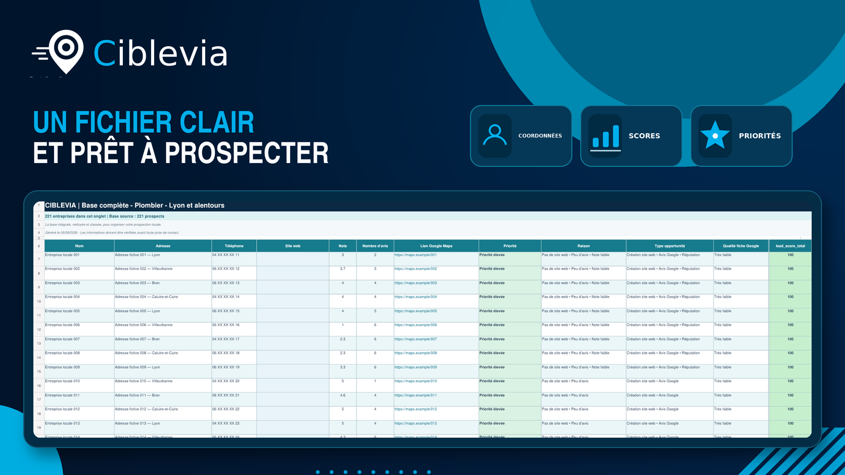 Aperçu fictif du fichier Excel Ciblevia